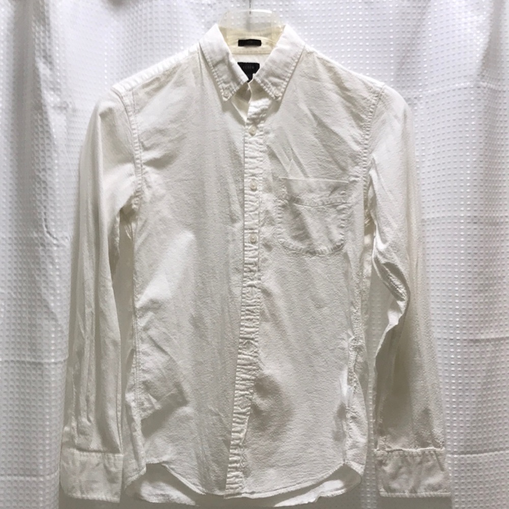 J. Crew slim fit seersucker long sleeved shirt.